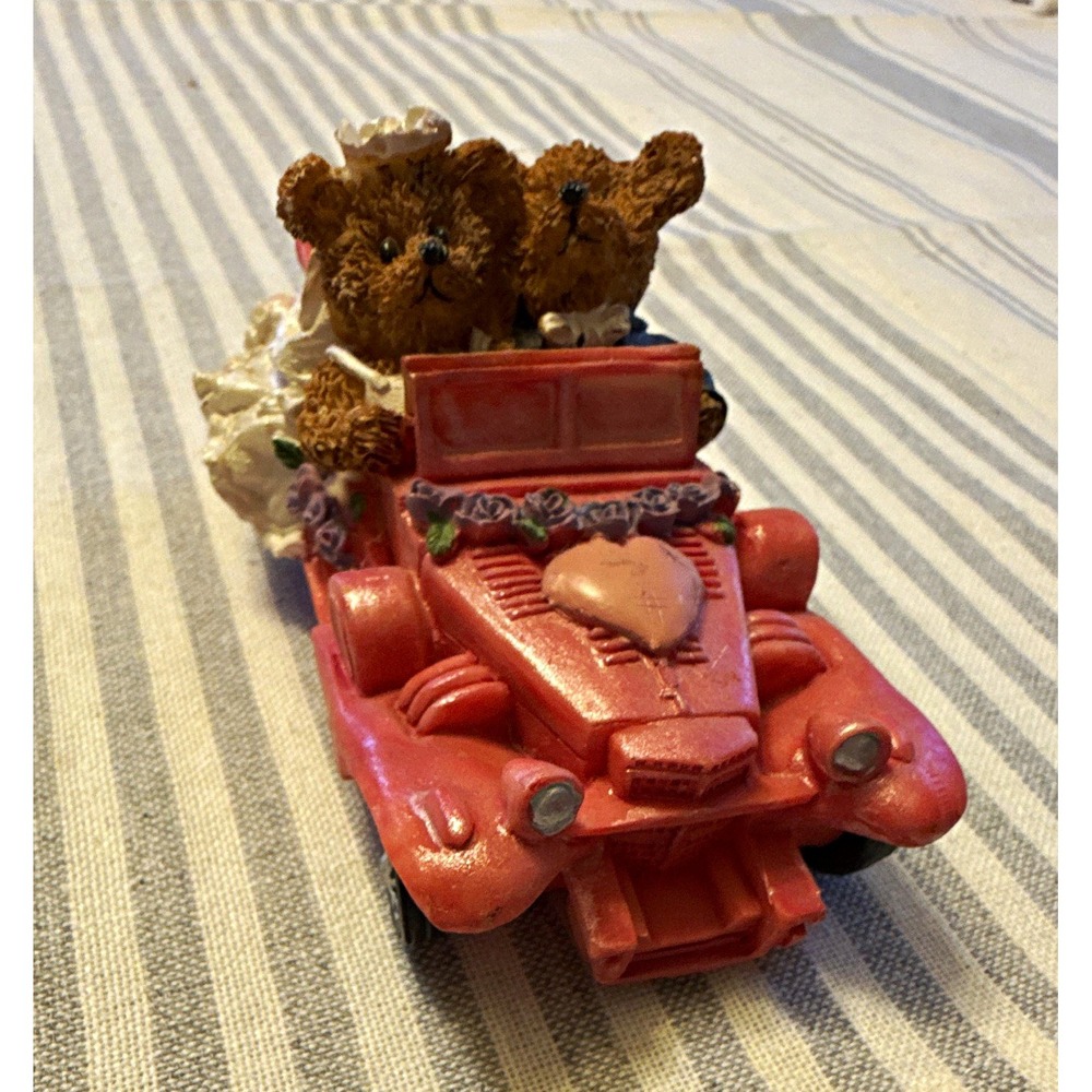 Resin Teddy Bear Wedding Couple Figurine Pink Car Painted 3D Roses Pattern
